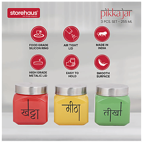 STOREHAUS Pickle Jar Set With Airtight Metallic Lid - Glass Container, For Home & Kitchen, 350 ml (Set of 3) 