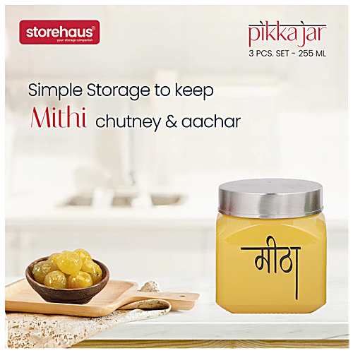 STOREHAUS Pickle Jar Set With Airtight Metallic Lid - Glass Container, For Home & Kitchen, 350 ml (Set of 3) 