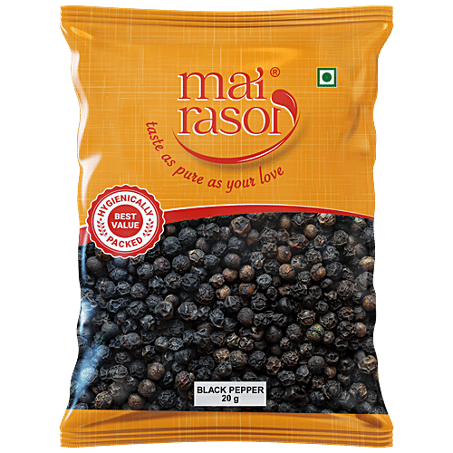 Mai Rasoi Black Pepper/Kali Mirch Sabut Whole - Premium Quality, Flavouring Agent, 20 g Pouch 