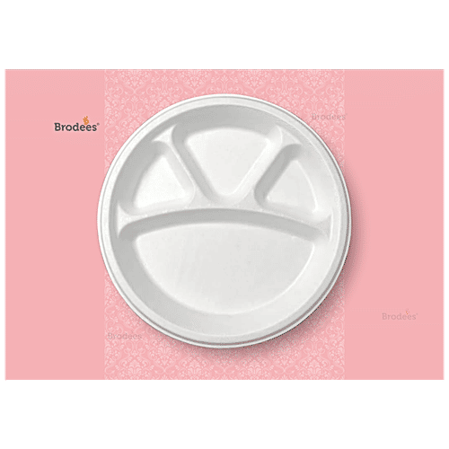 Brodees Disposable Round Plate - 11'' Diameter, White, 4 Compartments, Ecofriendly, 25 pcs  