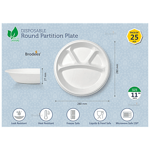 Brodees Disposable Round Plate - 11'' Diameter, White, 4 Compartments, Ecofriendly, 25 pcs  