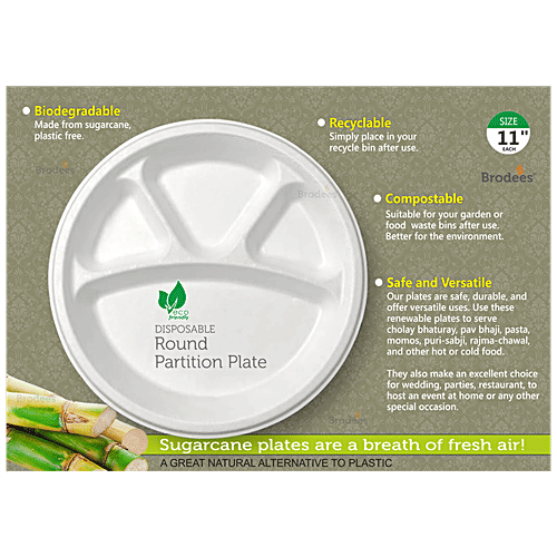 Brodees Disposable Round Plate - 11'' Diameter, White, 4 Compartments, Ecofriendly, 25 pcs  