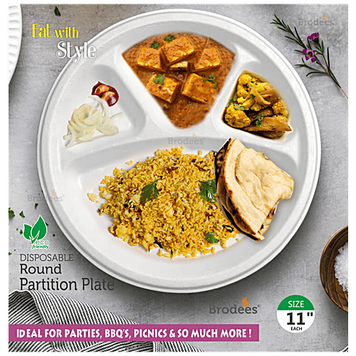 Brodees Disposable Round Plate - 11'' Diameter, White, 4 Compartments, Ecofriendly, 25 pcs  