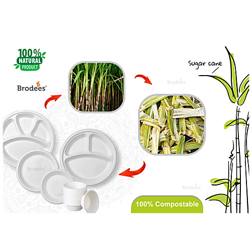 Brodees Disposable Round Plate - 11'' Diameter, White, 4 Compartments, Ecofriendly, 25 pcs  