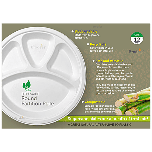 Buy Brodees Disposable Round Plate 12'' Diameter, White, 4 Compartments, Ecofriendly Online at