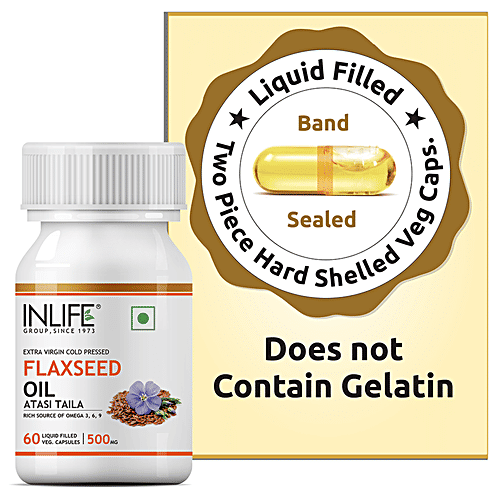 INLIFE Flaxseed Oil 500 Mg Capsules - Omega 3, 6, 9, Extra Virgin Cold Pressed, Overall Wellness, 60 pcs  