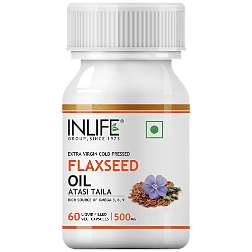 INLIFE Flaxseed Oil 500 Mg Capsules - Omega 3, 6, 9, Extra Virgin Cold Pressed, Overall Wellness, 60 pcs  