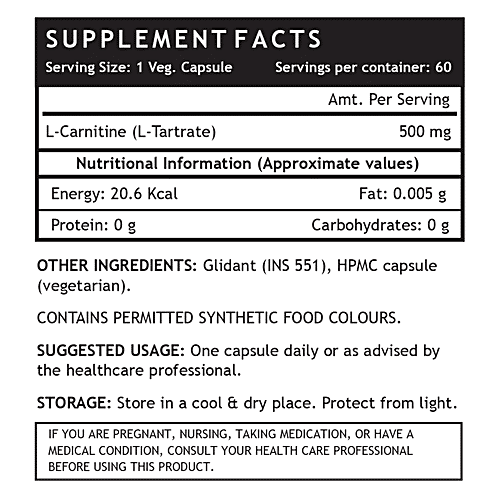 INLIFE L-Carnitine L-Tartarate 1000 mg Capsules - Fat Burning, Increased Energy, 60 pcs  