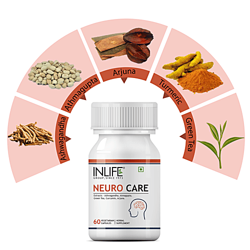 INLIFE Neuro Care 500 Mg Capsules - Ashwagandha, Green Tea, Supports Spine Health, 60 pcs  
