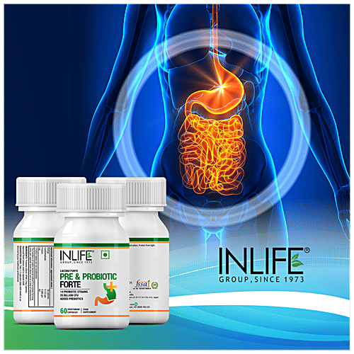 INLIFE Prebiotic & Probiotics Forte Capsules - 25 Billion CFU, 14 Strains, Boosts Digestion Gut & Immunity, 60 pcs  