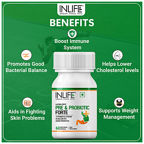 INLIFE Prebiotic & Probiotics Forte Capsules - 25 Billion CFU, 14 Strains, Boosts Digestion Gut & Immunity, 60 pcs  