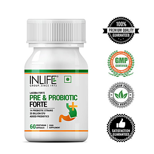 INLIFE Prebiotic & Probiotics Forte Capsules - 25 Billion CFU, 14 Strains, Boosts Digestion Gut & Immunity, 60 pcs  