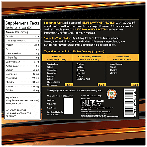 INLIFE Raw Whey Protein Powder - Unflavoured, Concentrate Instantized, Enhances Muscle Growth, 500 g  