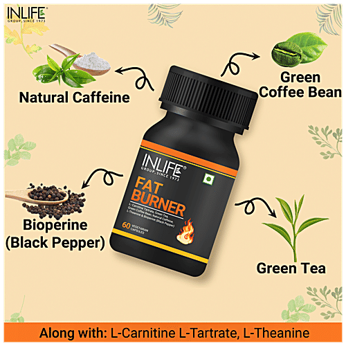 INLIFE Fat Burner Capsules - L-Carnitine, Green Tea, Green Coffee Bean, For Weight Loss, 60 pcs