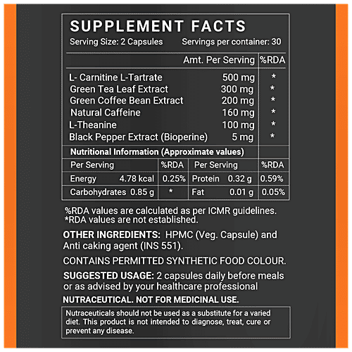 INLIFE Fat Burner Capsules - L-Carnitine, Green Tea, Green Coffee Bean, For Weight Loss, 60 pcs