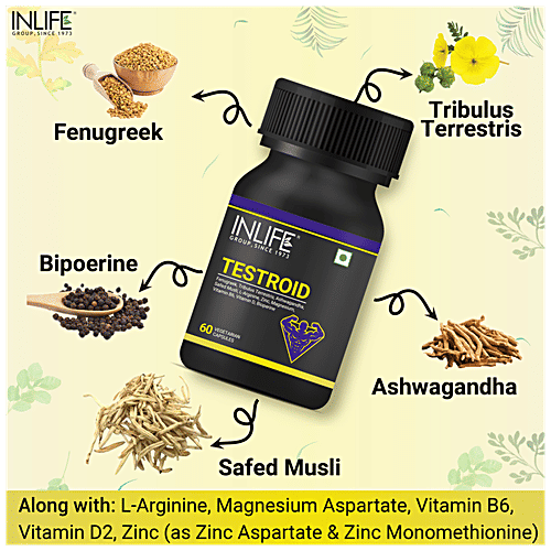 INLIFE Testroid Capsules - Testosterone, Enhances Exercise Performance & Focus, 60 pcs  