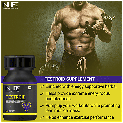 INLIFE Testroid Capsules - Testosterone, Enhances Exercise Performance & Focus, 60 pcs  