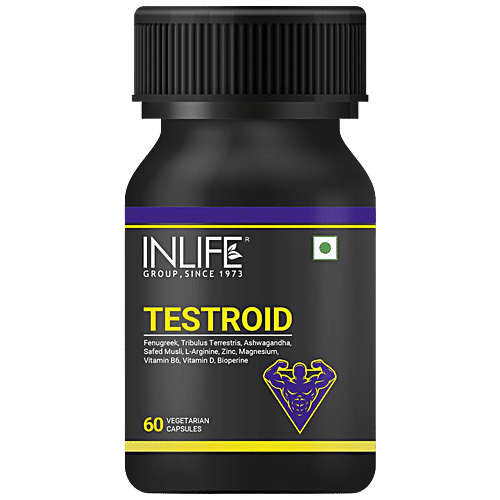 INLIFE Testroid Capsules - Testosterone, Enhances Exercise Performance & Focus, 60 pcs  