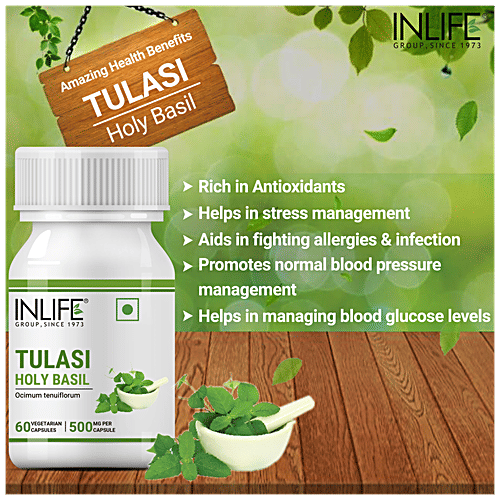 INLIFE Tulsi/Holy Basil 500 Mg Capsules - Natural Immunity Booster & Respiratory Wellness, 60 pcs  