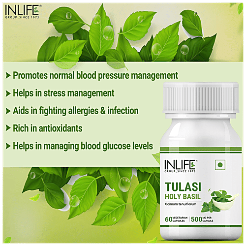 INLIFE Tulsi/Holy Basil 500 Mg Capsules - Natural Immunity Booster & Respiratory Wellness, 60 pcs  
