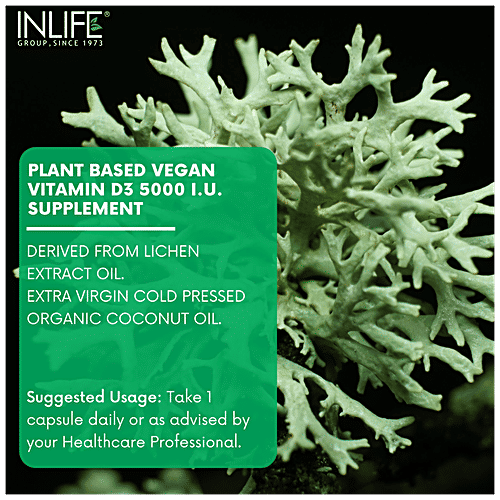 INLIFE Plant Based Vitamin D3 5000 IU Capsules - With Cold Pressed Coconut Oil, For Bone & Immune Health, 30 pcs  