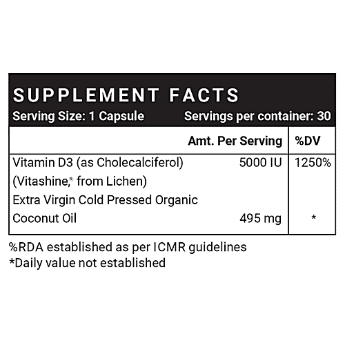 INLIFE Plant Based Vitamin D3 5000 IU Capsules - With Cold Pressed Coconut Oil, For Bone & Immune Health, 30 pcs  