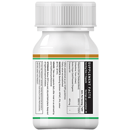 INLIFE Plant Based Vitamin D3 5000 IU Capsules - With Cold Pressed Coconut Oil, For Bone & Immune Health, 30 pcs  