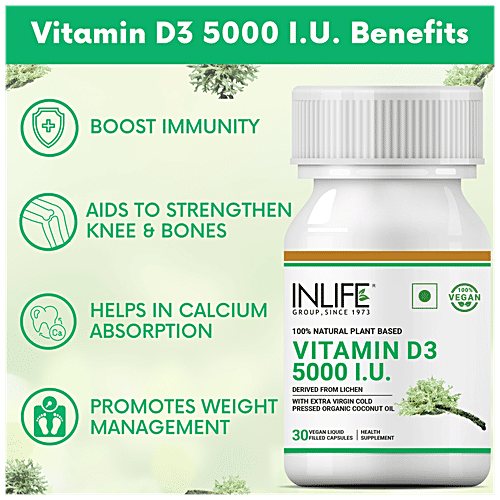 INLIFE Plant Based Vitamin D3 5000 IU Capsules - With Cold Pressed Coconut Oil, For Bone & Immune Health, 30 pcs  