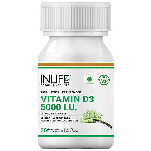 INLIFE Plant Based Vitamin D3 5000 IU Capsules - With Cold Pressed Coconut Oil, For Bone & Immune Health, 30 pcs  