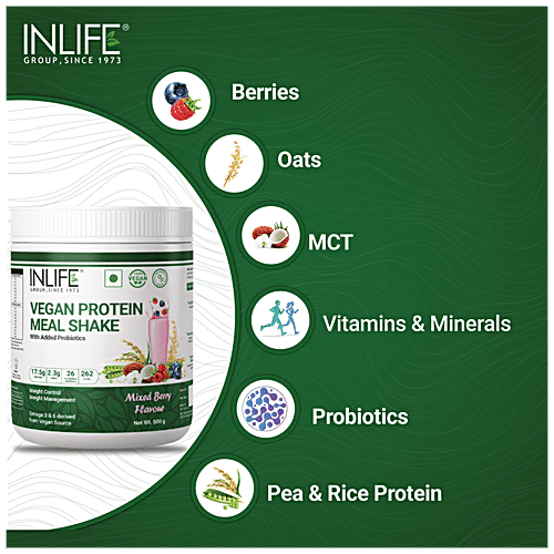 INLIFE Vegan Protein Meal Shake Powder - Mixed Berry Flavour, 17.5g Protein, Non-Dairy, Lactose-Free, 500 g  