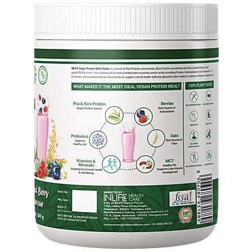 INLIFE Vegan Protein Meal Shake Powder - Mixed Berry Flavour, 17.5g Protein, Non-Dairy, Lactose-Free, 500 g  