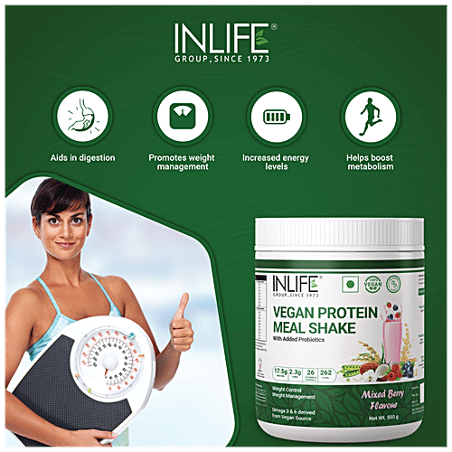 INLIFE Vegan Protein Meal Shake Powder - Mixed Berry Flavour, 17.5g Protein, Non-Dairy, Lactose-Free, 500 g  