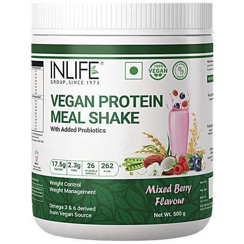 INLIFE Vegan Protein Meal Shake Powder - Mixed Berry Flavour, 17.5g Protein, Non-Dairy, Lactose-Free, 500 g  