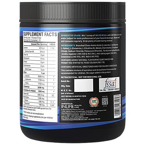 INLIFE BCAA Supplement - Pineapple, 7g Amino Acids Instantized, Pre, Post & Intra Drink For Workout, 250 g  