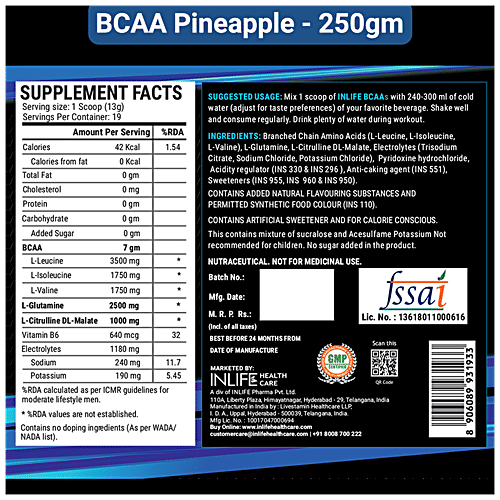 INLIFE BCAA Supplement - Pineapple, 7g Amino Acids Instantized, Pre, Post & Intra Drink For Workout, 250 g  