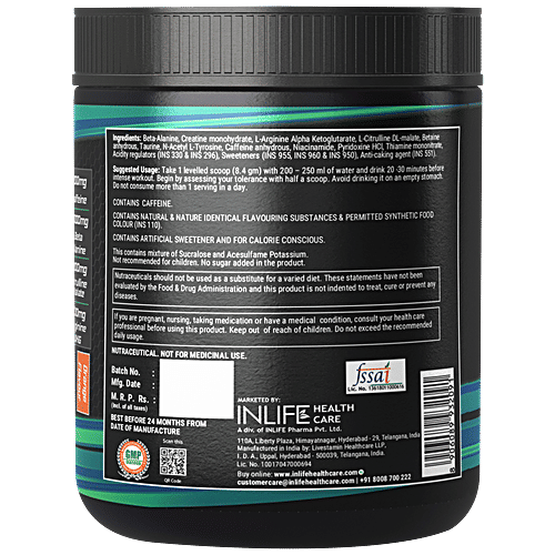 INLIFE Pre-Workout Supplement Powder - 200mg Caffeine, Orange, Pre Workout Formula, Men & Women, 200 g  