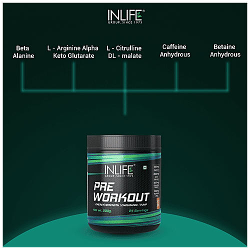 INLIFE Pre-Workout Supplement Powder - 200mg Caffeine, Orange, Pre Workout Formula, Men & Women, 200 g  