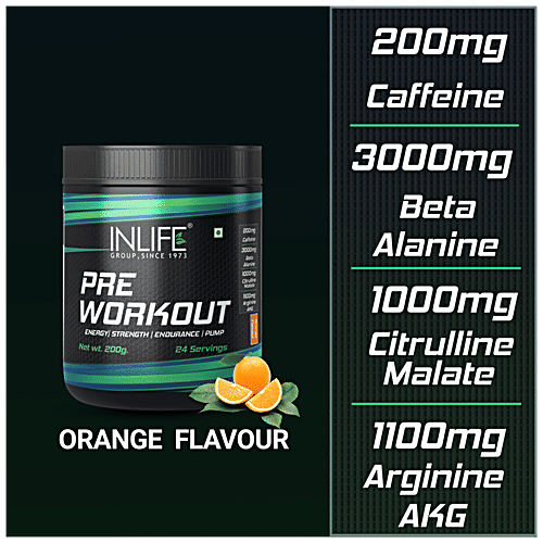 INLIFE Pre-Workout Supplement Powder - 200mg Caffeine, Orange, Pre Workout Formula, Men & Women, 200 g  