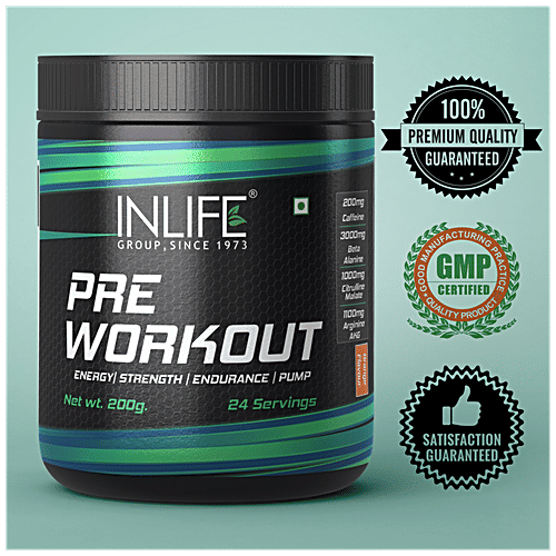 INLIFE Pre-Workout Supplement Powder - 200mg Caffeine, Orange, Pre Workout Formula, Men & Women, 200 g  