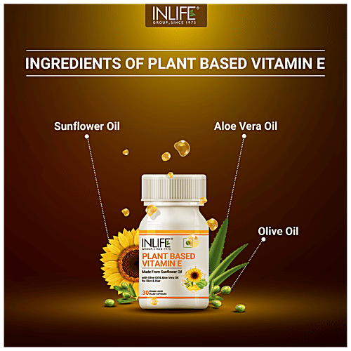 INLIFE Plant Based Natural Vitamin E Oil Capsules - For Skin Health & Immunity Booster, 30 pcs  
