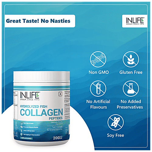 INLIFE Hydrolyzed Fish Collagen Peptides Powder - With 90% Protein, Skin Health, Bone Health, 200 g  