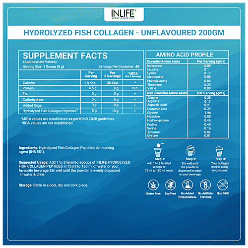 INLIFE Hydrolyzed Fish Collagen Peptides Powder - With 90% Protein, Skin Health, Bone Health, 200 g  