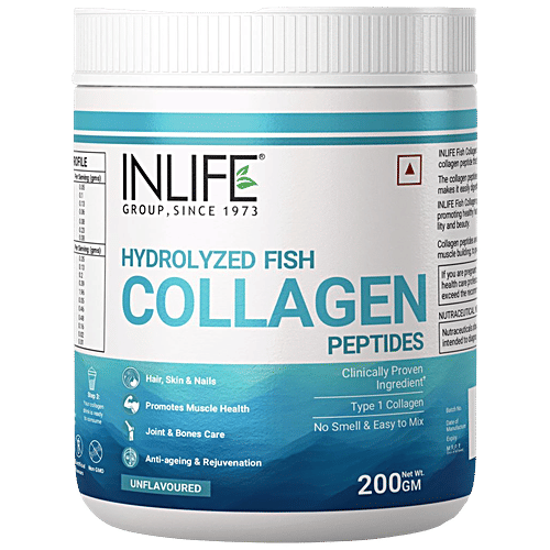 INLIFE Hydrolyzed Fish Collagen Peptides Powder - With 90% Protein, Skin Health, Bone Health, 200 g  