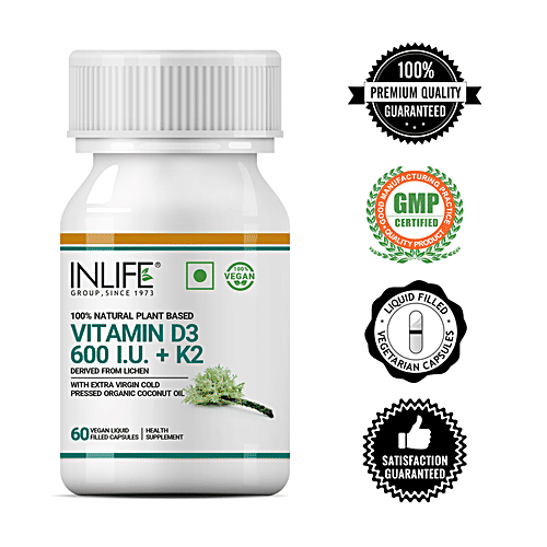 INLIFE Plant-Based Vitamin D3 K2 Capsules - Lichen Source, For Bone Health & Immune Support, 60 pcs