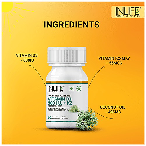 INLIFE Plant-Based Vitamin D3 K2 Capsules - Lichen Source, For Bone Health & Immune Support, 60 pcs