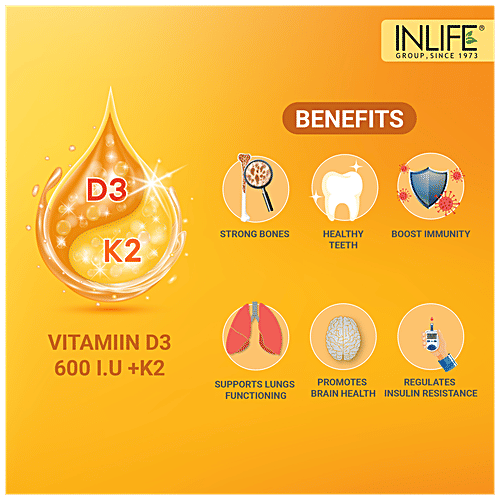 INLIFE Plant-Based Vitamin D3 K2 Capsules - Lichen Source, For Bone Health & Immune Support, 60 pcs