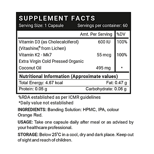 INLIFE Plant-Based Vitamin D3 K2 Capsules - Lichen Source, For Bone Health & Immune Support, 60 pcs