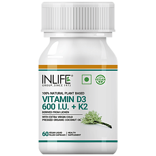 INLIFE Plant-Based Vitamin D3 K2 Capsules - Lichen Source, For Bone Health & Immune Support, 60 pcs