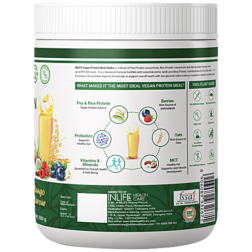 INLIFE Vegan Protein Meal Shake Powder - Mango, 17.5g Protein, Non-Dairy, Lactose-Free, 500 g  