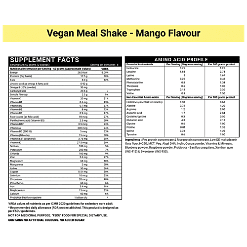 INLIFE Vegan Protein Meal Shake Powder - Mango, 17.5g Protein, Non-Dairy, Lactose-Free, 500 g  